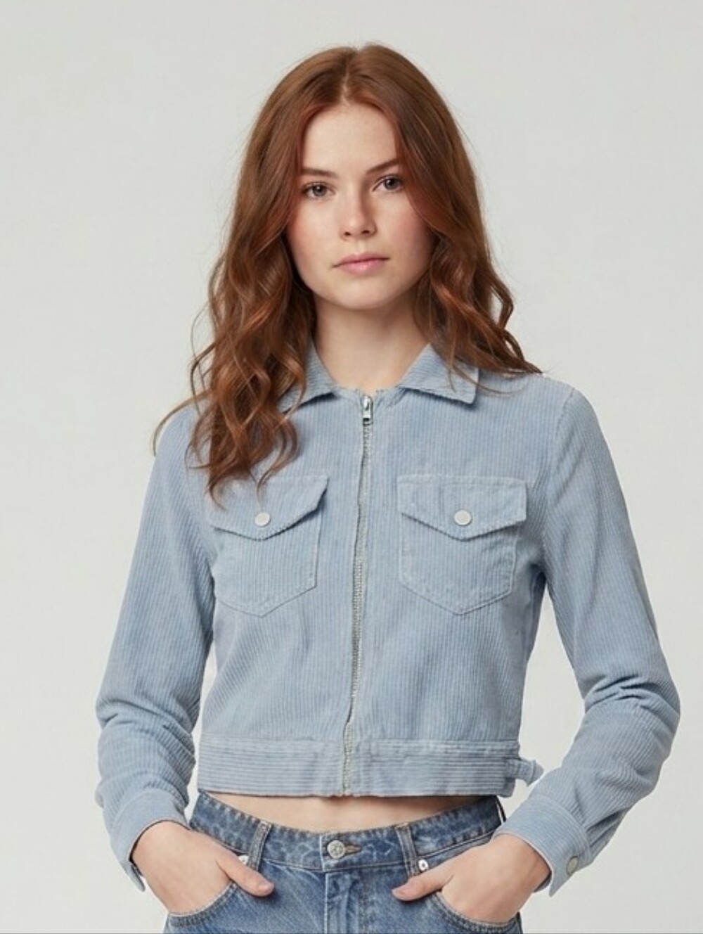 Reformation Women's Corduroy Light Blue Full Zip Cropped Jacket! Size S